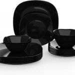 Black Dinnerware Set, MEKY 18-PCS Kitchen Dinner Set Service for 6, Safety for Microwave &Dishwasher ,Square Glass Plates,Dishes, Bowls Set